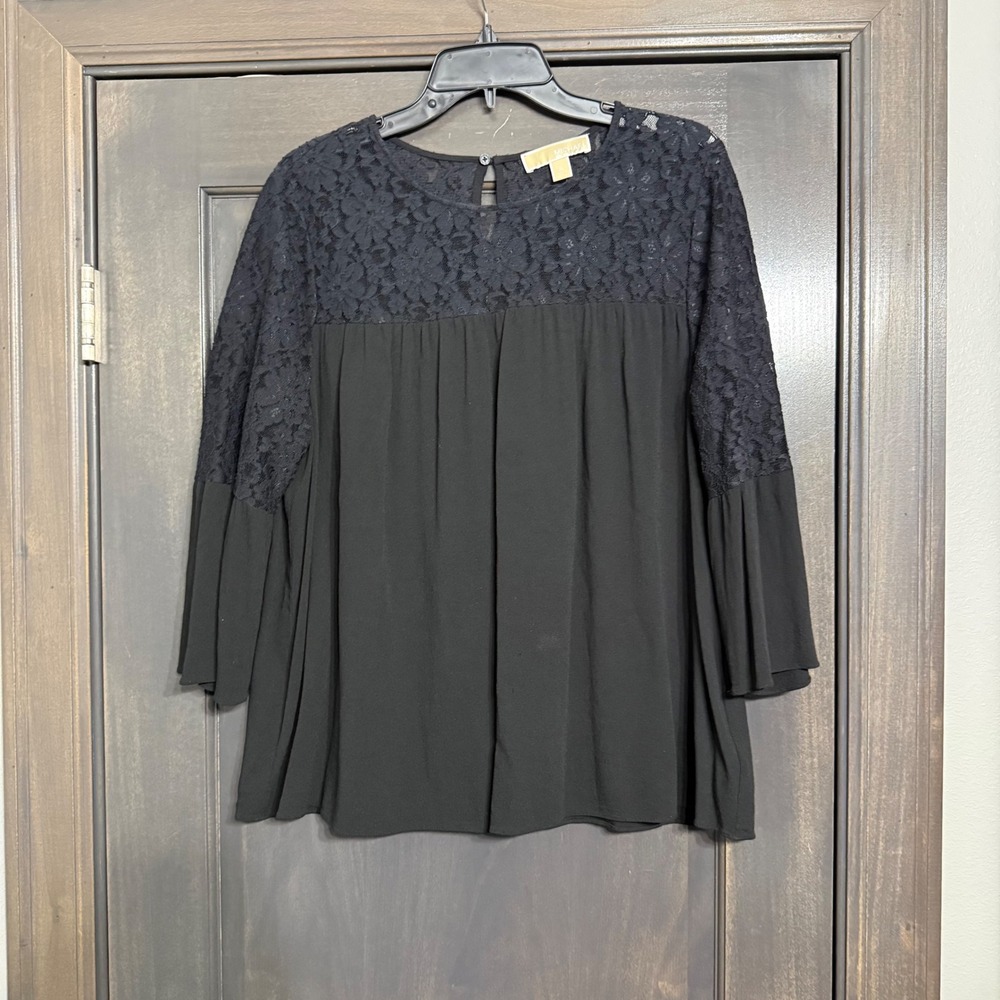 Michael Michael Kors Black Lace Yoke Bell Sleeve Blouse XL Viscose Babydoll Top